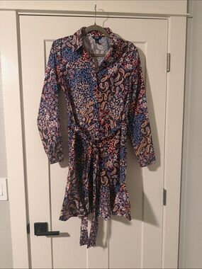 Chaps Navy Paisley Long-Sleeve Tie-Waist Shirt Dress with Pink Accents